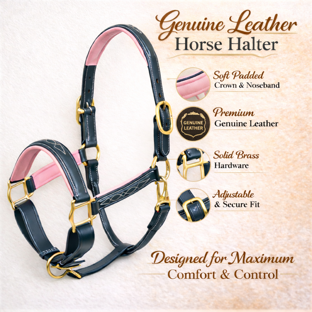 SIE Genuine Leather Horse Halter with Padding Durable Fancy Raised Stitching Solid Brass Hardware