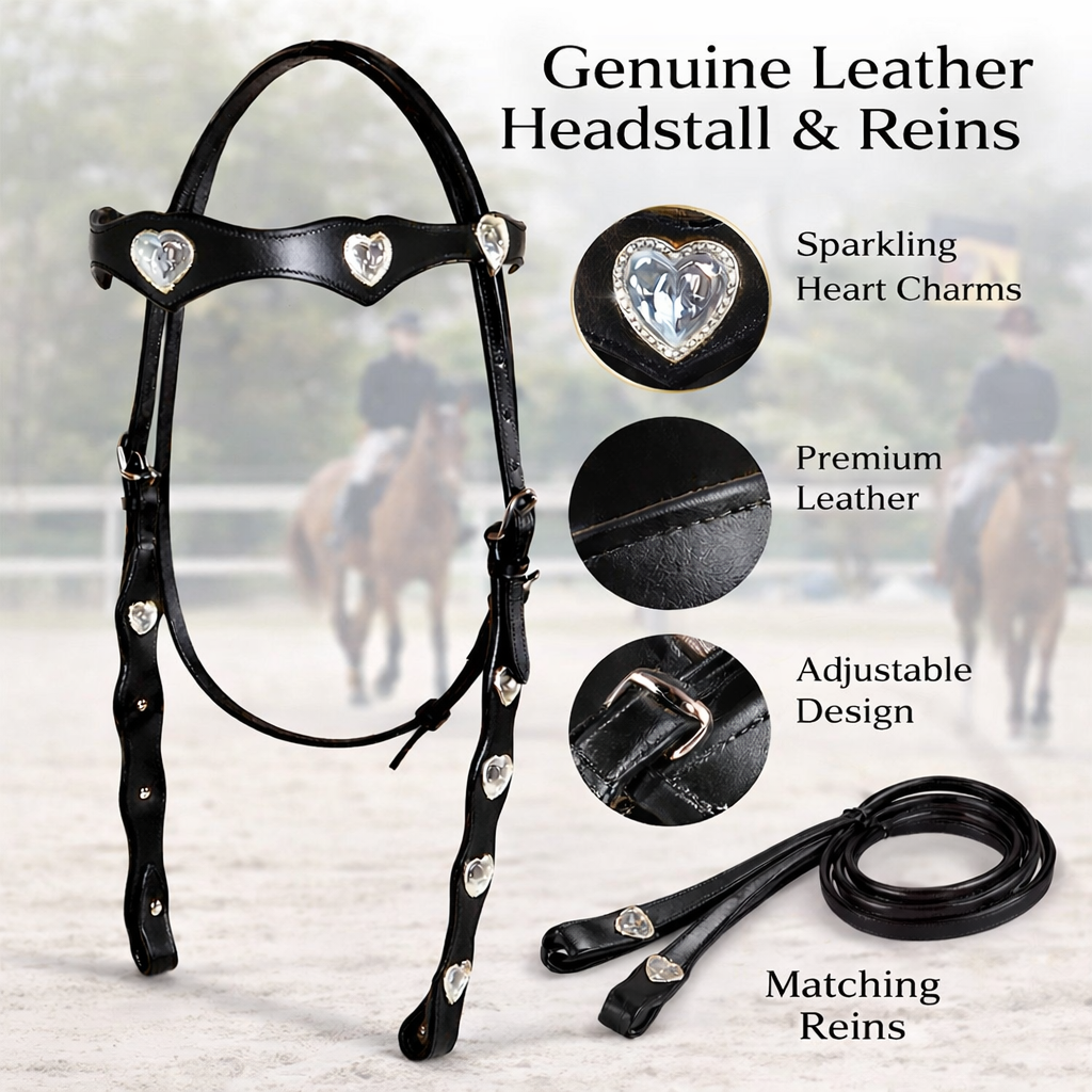 SIE Genuine Leather Headstall with Reins – Western Headstall & Reins Set with Engraved Silver Heart Conchos