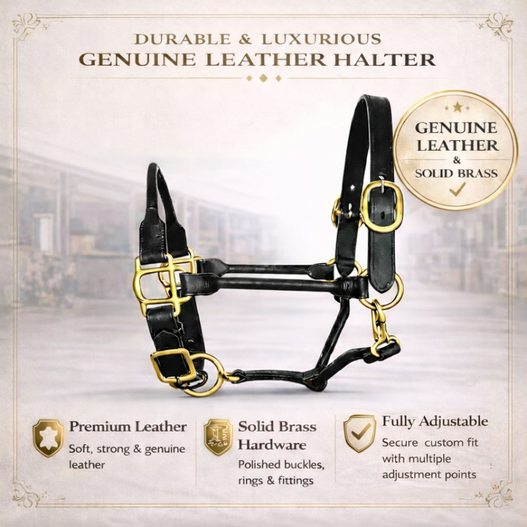 SIE Adjustable Horse Premium Rolled Leather Halter & Brass Hardware