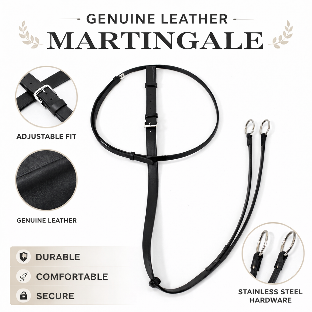 SIE Genuine Leather Running Martingale with Stainless Steel Rings – Adjustable Horse Training Martingale