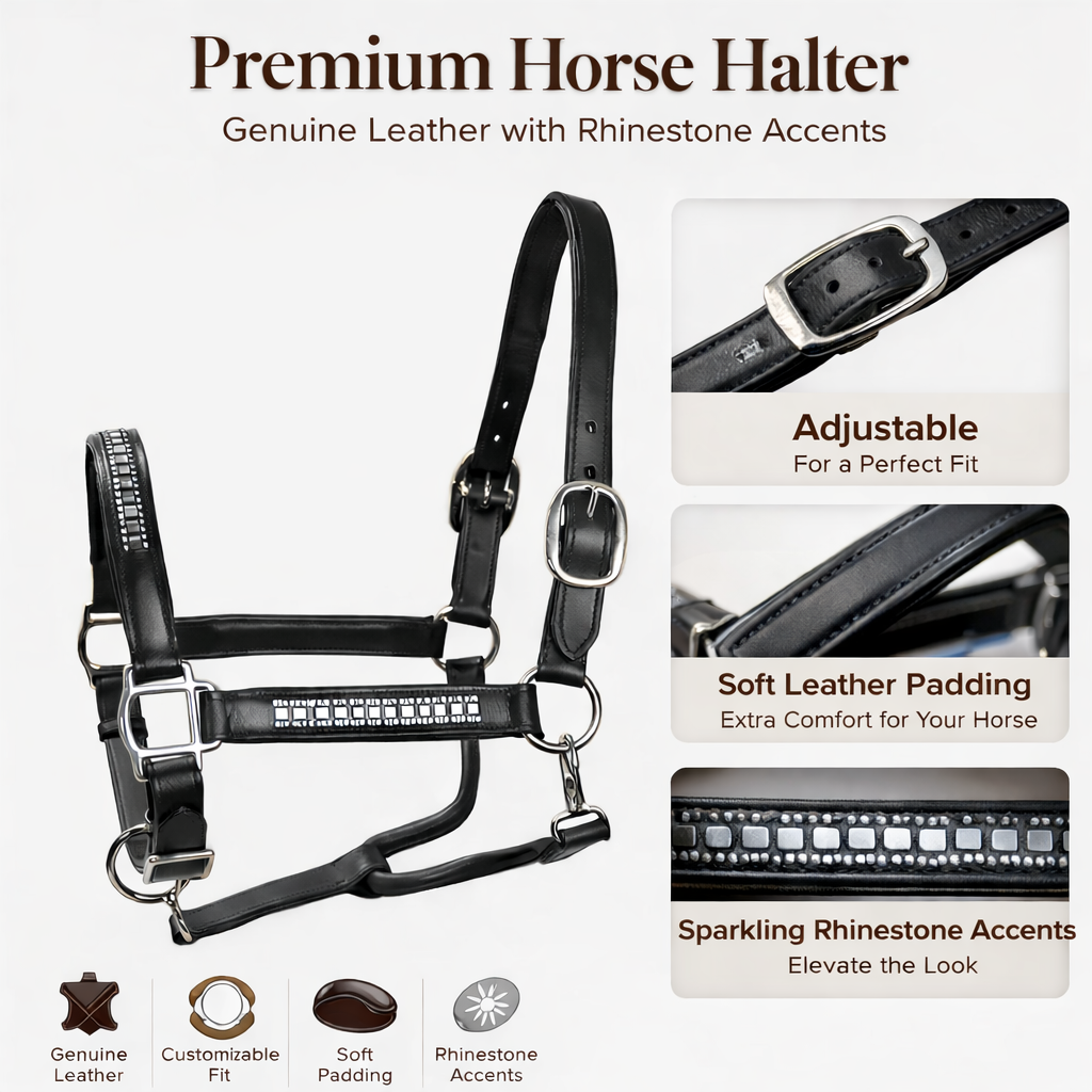 SIE Leather Bling Horse Halter - Crystal Studded Padded Headcollar