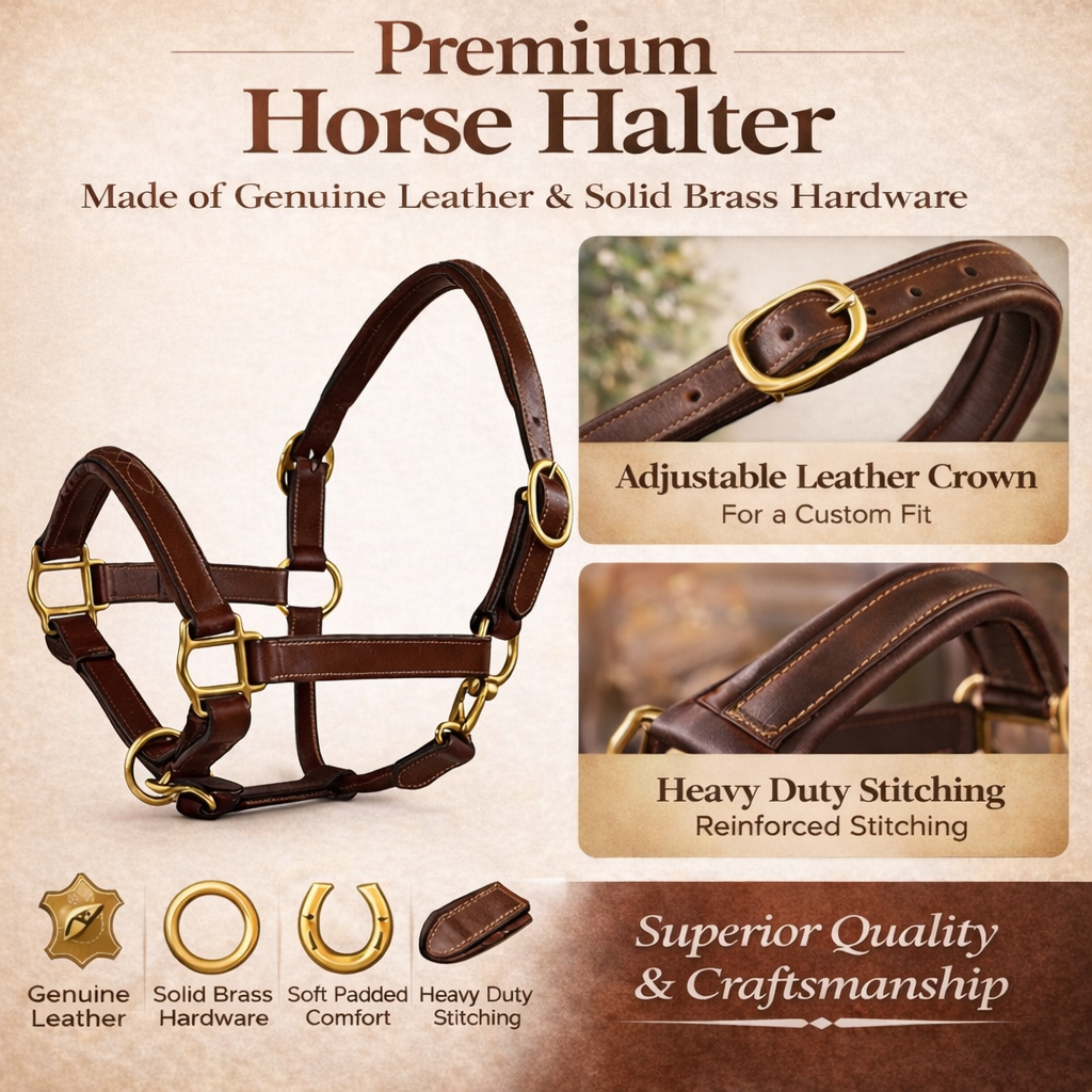 SIE Genuine Leather Fancy Stitching Horse Halter Padded Adjustable Headcollar for Pony, Cob, Full & Oversize | Brass Hardware