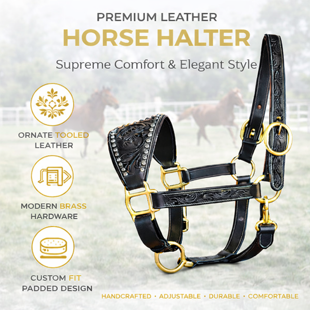SIE Genuine Handcrafted Leather Horse Halter with Ostrich Leather Padded Noseband