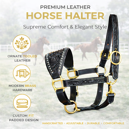 SIE Genuine Handcrafted Leather Horse Halter with Ostrich Leather Padded Noseband