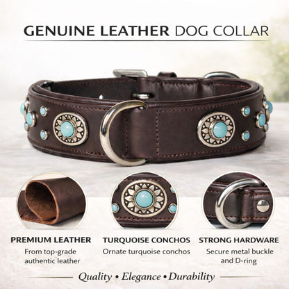 SIE Genuine Leather Turquoise Concho Leather Dog Collar – Decorative Western Style Collar