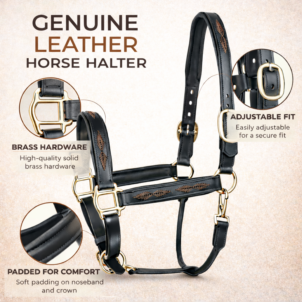 SIE Genuine Leather Braided Horse Halter Adjustable Padded Headcollar | Premium Brass Hardware