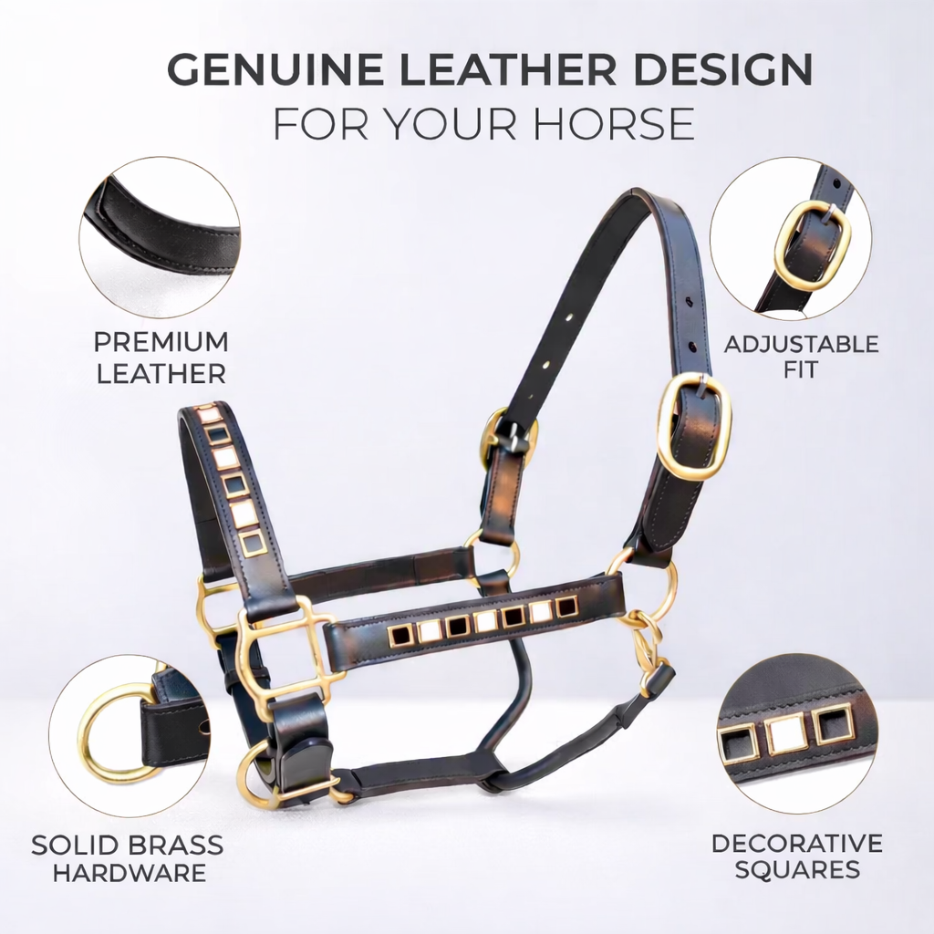 SIE Black & White Leather Horse Show Adjustable Halter Double Layer Premium Leather
