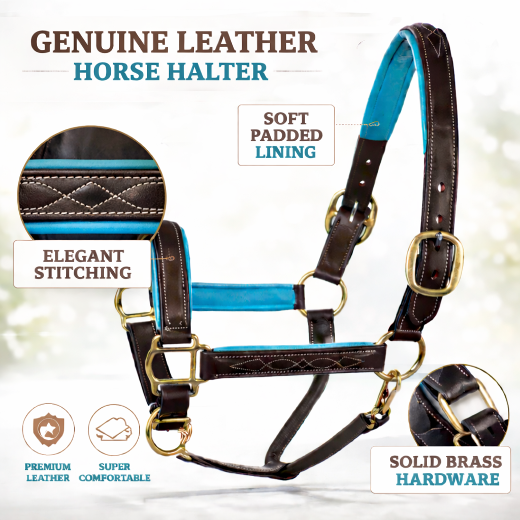 SIE Genuine Leather Horse Halter with Padding Durable Fancy Raised Stitching Solid Brass Hardware