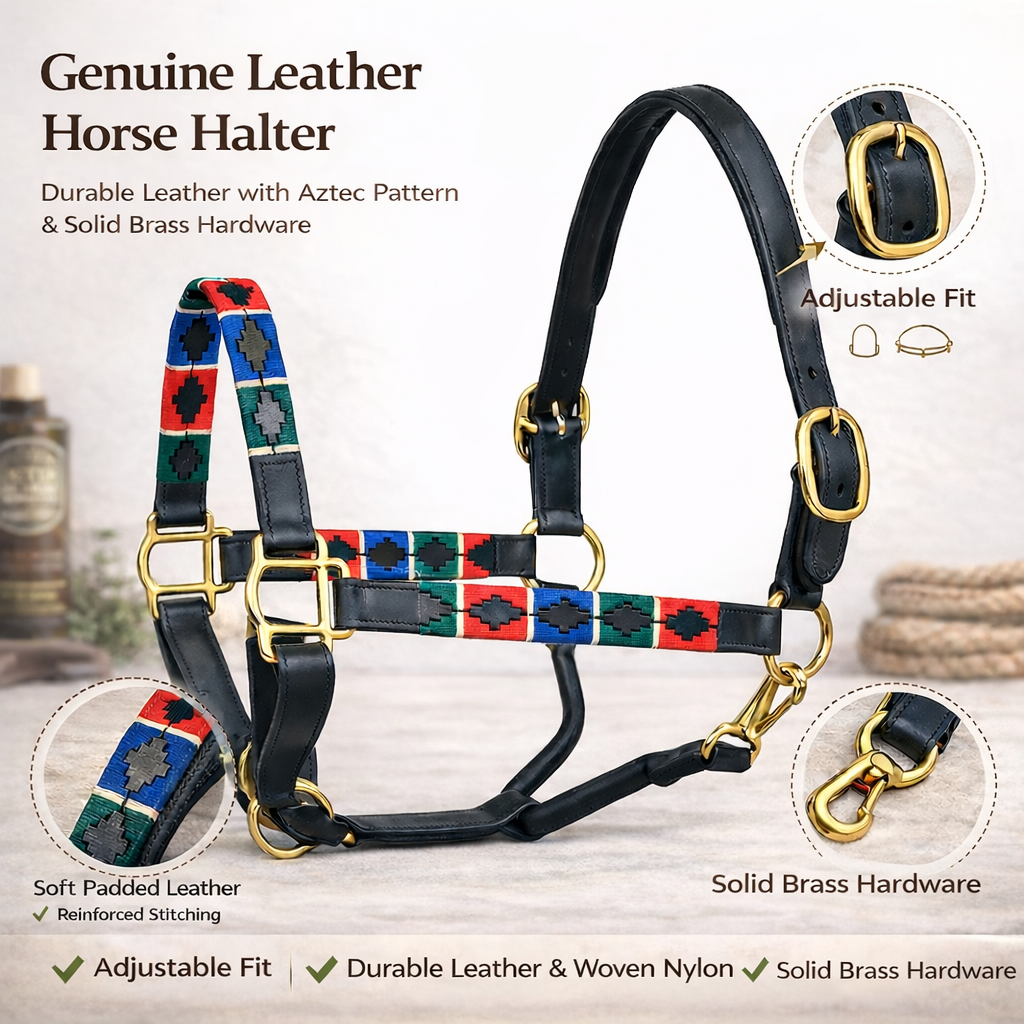 SIE Polo Leather Adjustable Horse Halter Premium Handcrafted Leather Headcollar with Thread Design Solid Brass Hardware