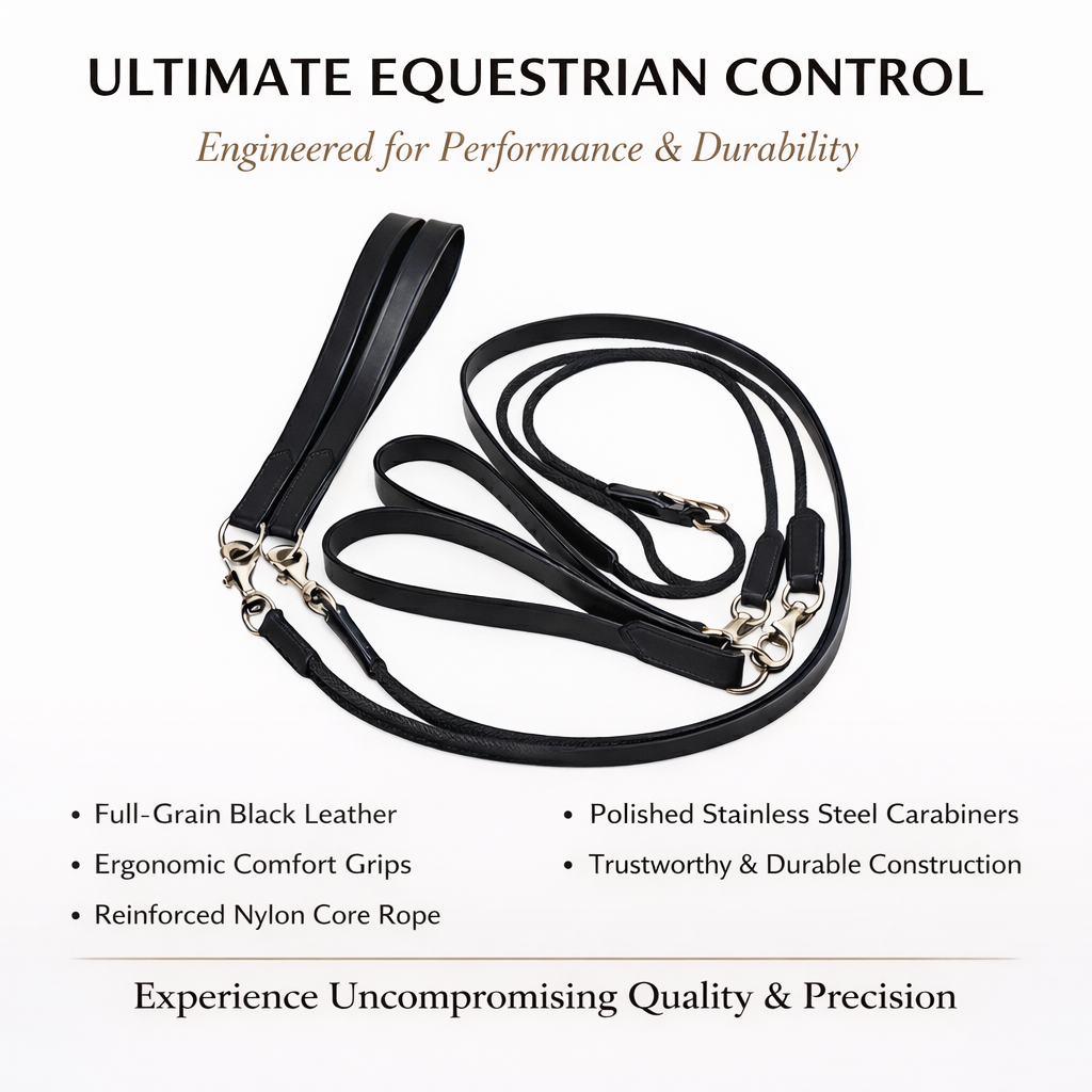 SIE Premium Genuine Leather Draw Reins – Double Handle with Metal Clips