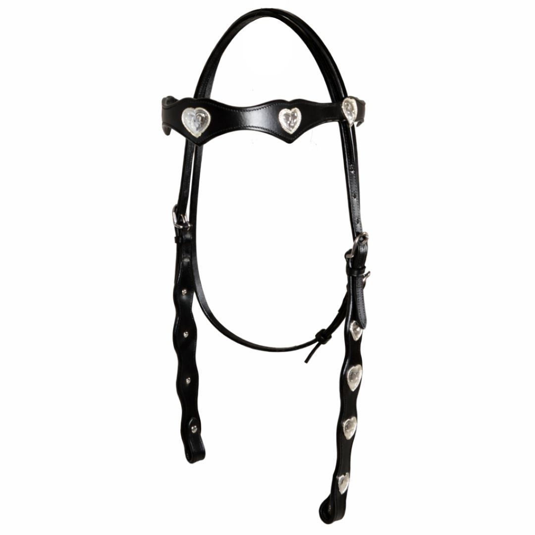 SIE Genuine Leather Headstall with Reins – Western Headstall & Reins Set with Engraved Silver Heart Conchos