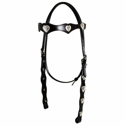 SIE Genuine Leather Headstall with Reins – Western Headstall & Reins Set with Engraved Silver Heart Conchos