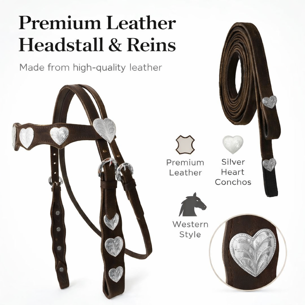SIE Genuine Leather Headstall with Reins – Western Headstall & Reins Set with Engraved Silver Heart Conchos