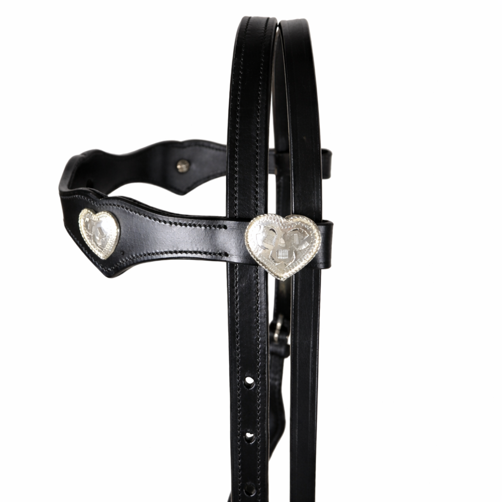 SIE Genuine Leather Headstall with Reins – Western Headstall & Reins Set with Engraved Silver Heart Conchos