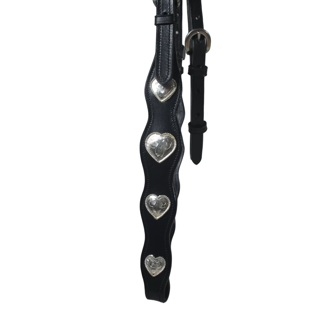 SIE Genuine Leather Headstall with Reins – Western Headstall & Reins Set with Engraved Silver Heart Conchos