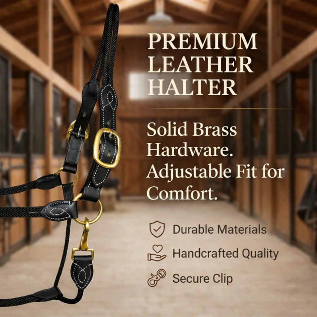 SIE Genuine Leather & Rope Horse Halter with Brass Hardware