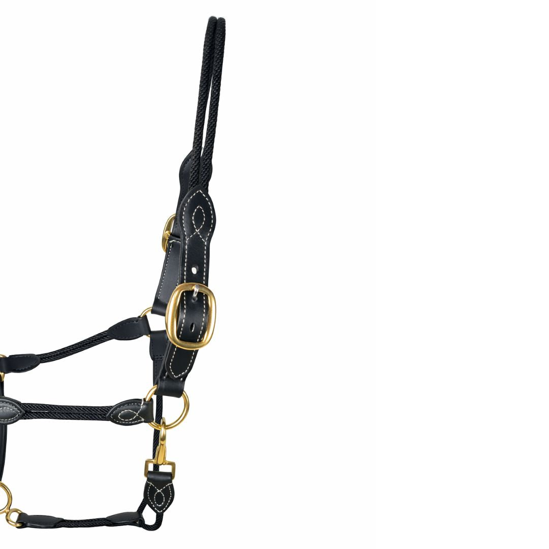 SIE Genuine Leather & Rope Horse Halter with Brass Hardware
