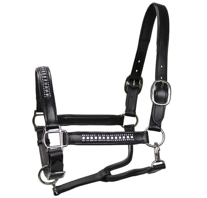 SIE Leather Bling Horse Halter  Crystal Studded Padded Headcollar for Pony,Cob Full Oversize | Black Brown Chestnut & Havana