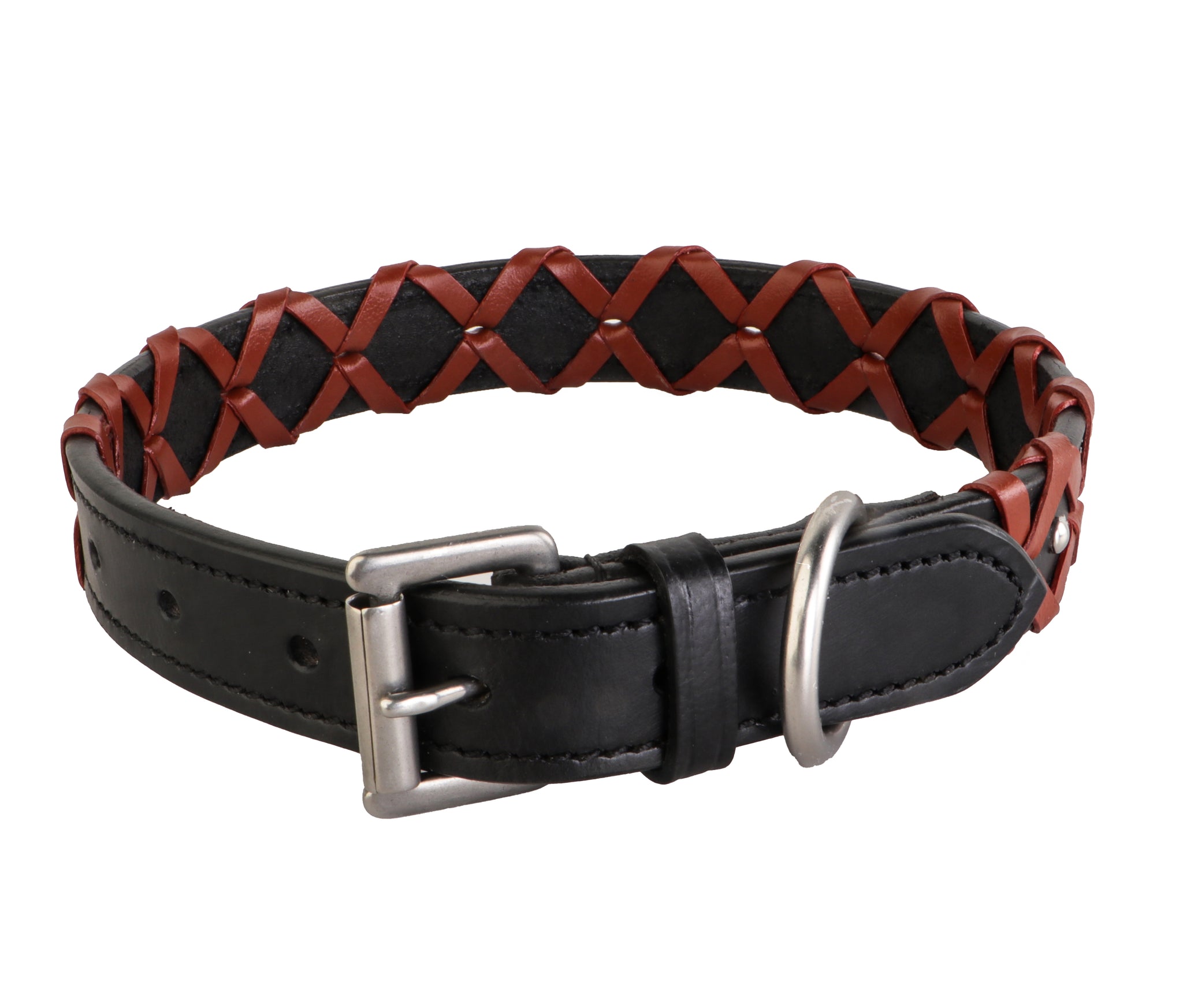 Leather Dog Collar – Black with Tan Braiding