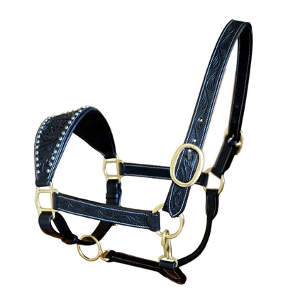 Black leather horse halter with gold hardware on a white background
