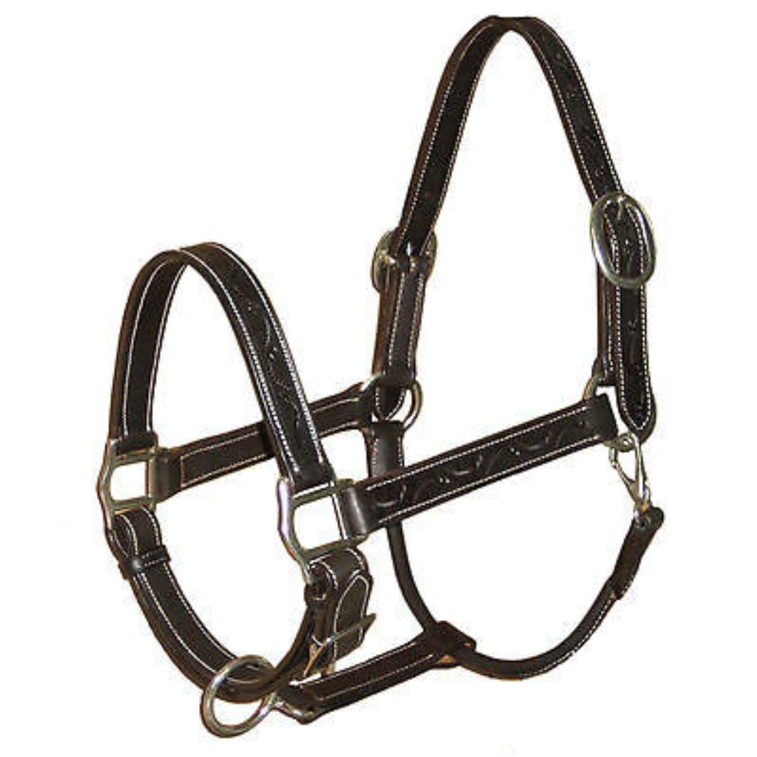 USA Leather Carved Adjustable Halters Brass Silver Polish
