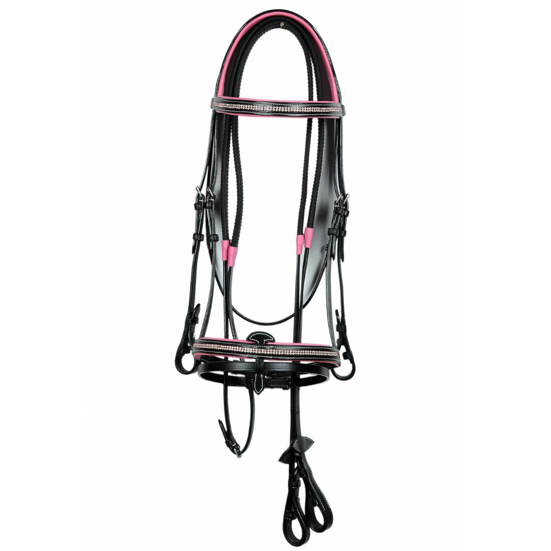 SIE Two Row Crystal Leather Padded Bridle – Premium Show Bridle with Clear Crystals