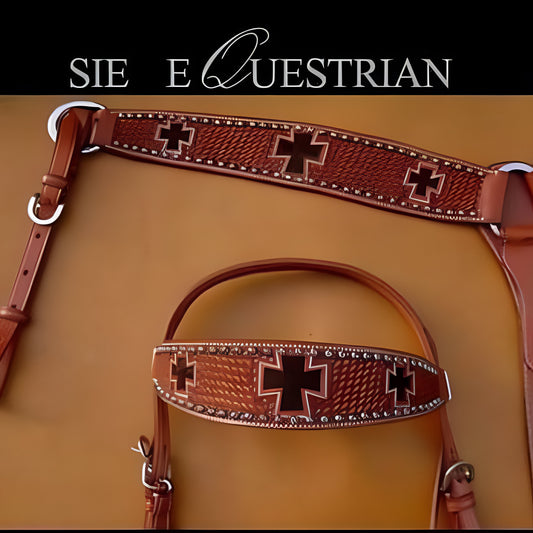 USA Leather Western Tack Headstall & Breastcollar Cross Hair On