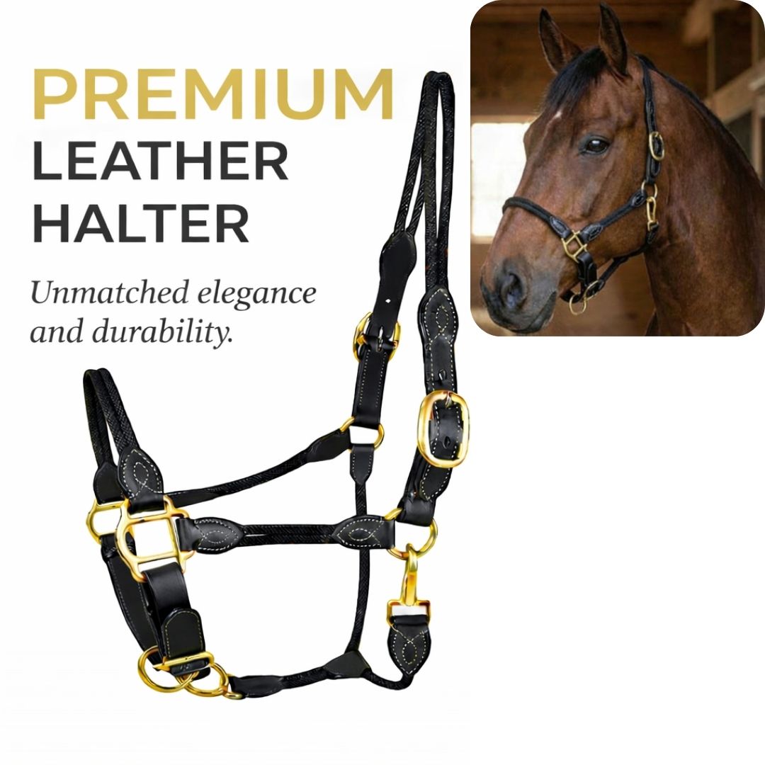 SIE Genuine Leather & Rope Horse Halter with Brass Hardware