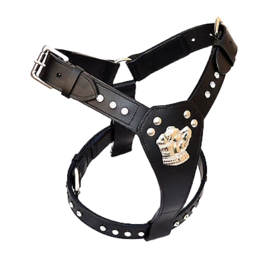Leather Dog Harness with crystals  Bull Dog design and matching black lead