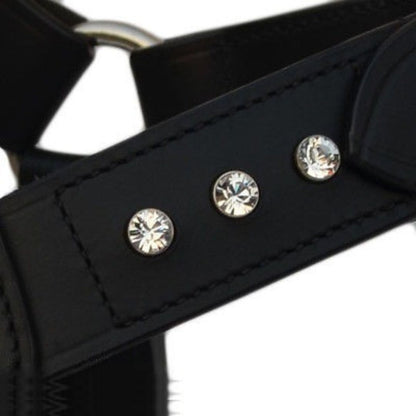 Leather Dog Harness with crystals  Bull Dog design and matching black lead