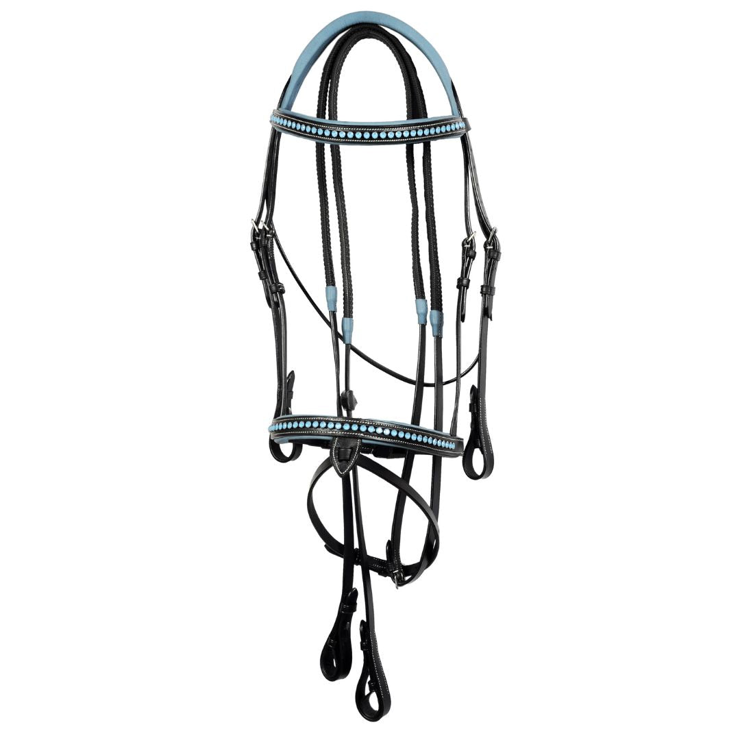 SIE Blue Crystals Single Row Leather Show Bridle with Reins Padded Anatomic Design