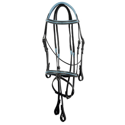 SIE Blue Crystals Single Row Leather Show Bridle with Reins Padded Anatomic Design