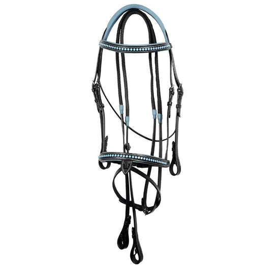 SIE Blue Crystals Single Row Leather Show Bridle with Reins Padded Anatomic Design