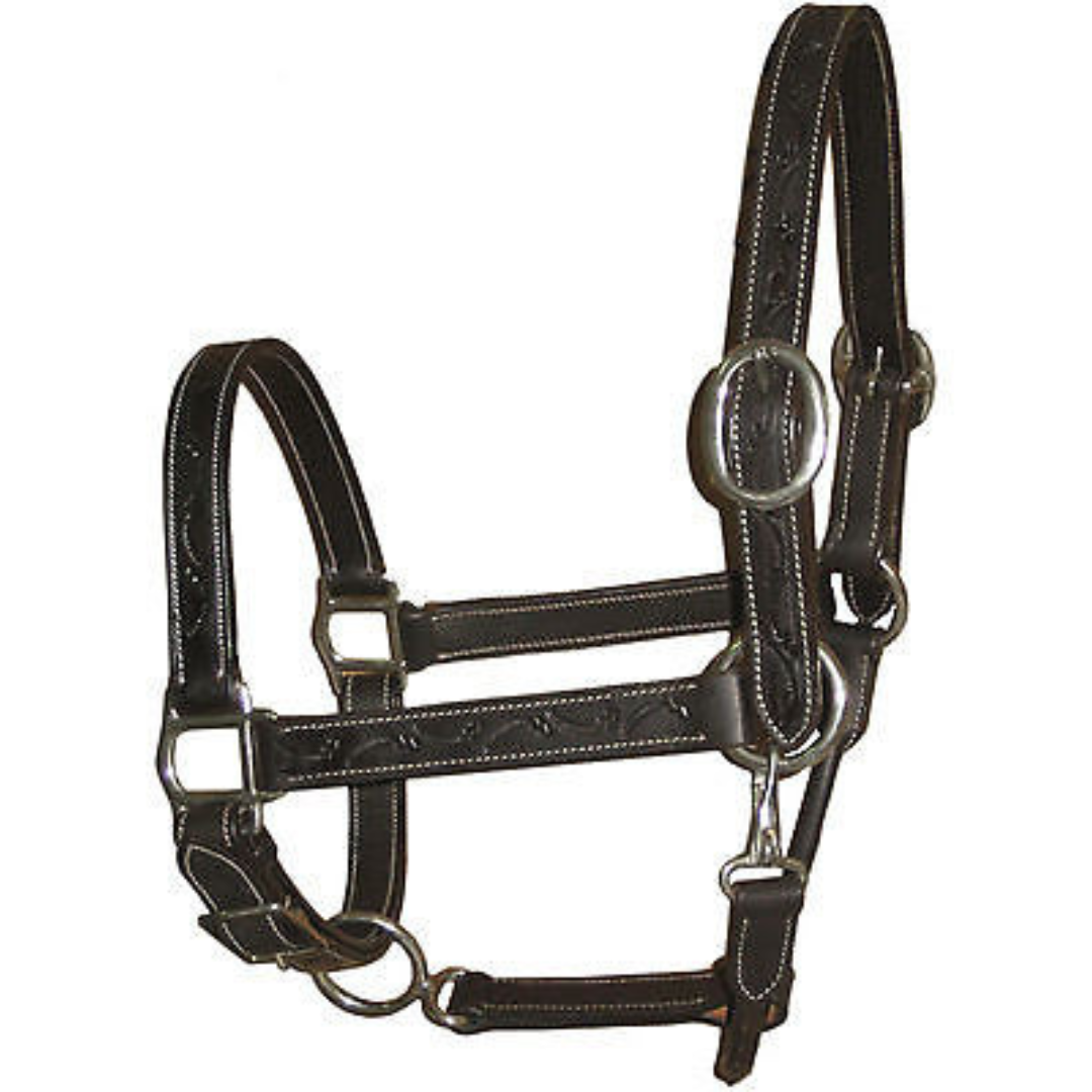 USA Leather Carved Adjustable Halters Brass Silver Polish