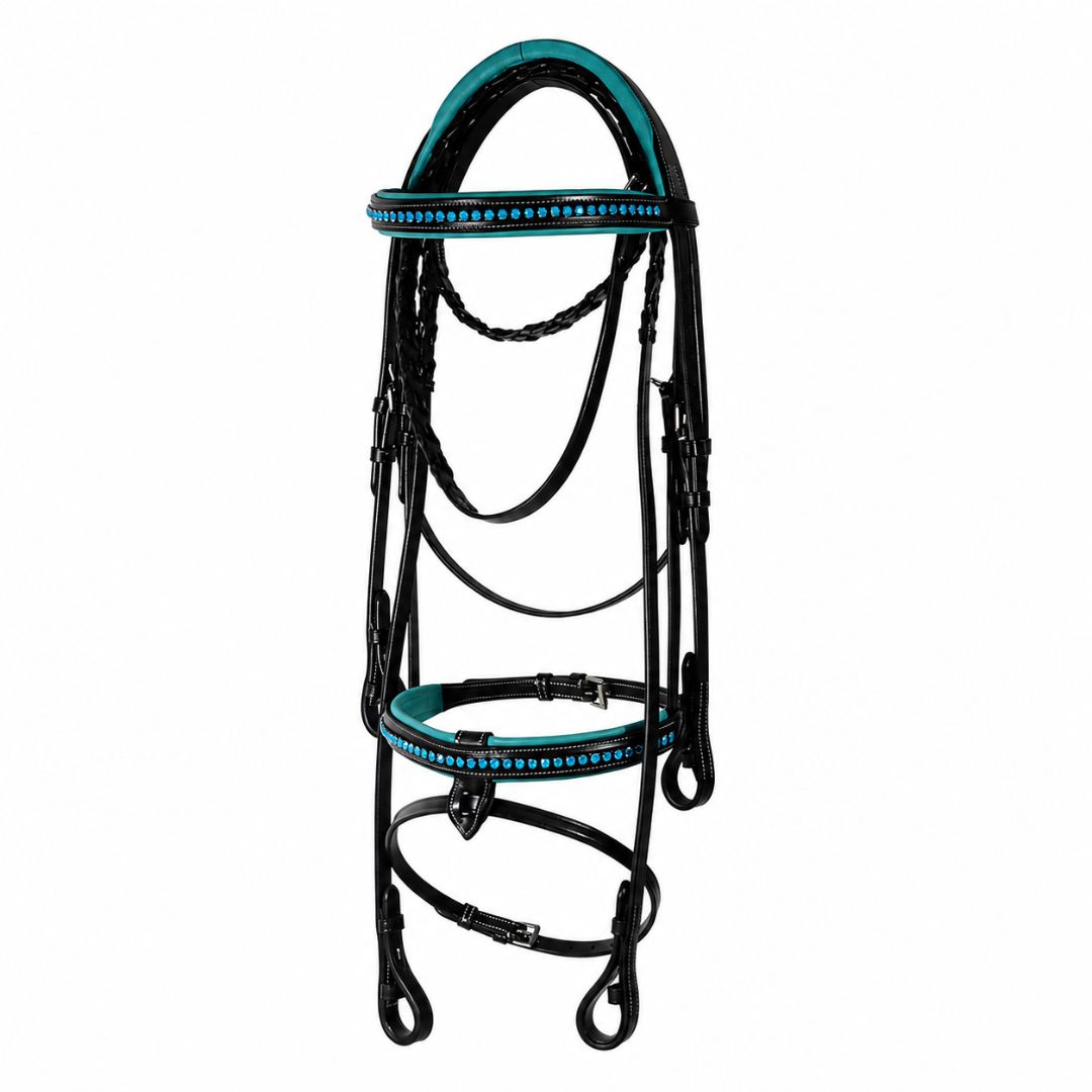 SIE Blue Crystals Single Row Leather Show Bridle with Reins Padded Anatomic Design