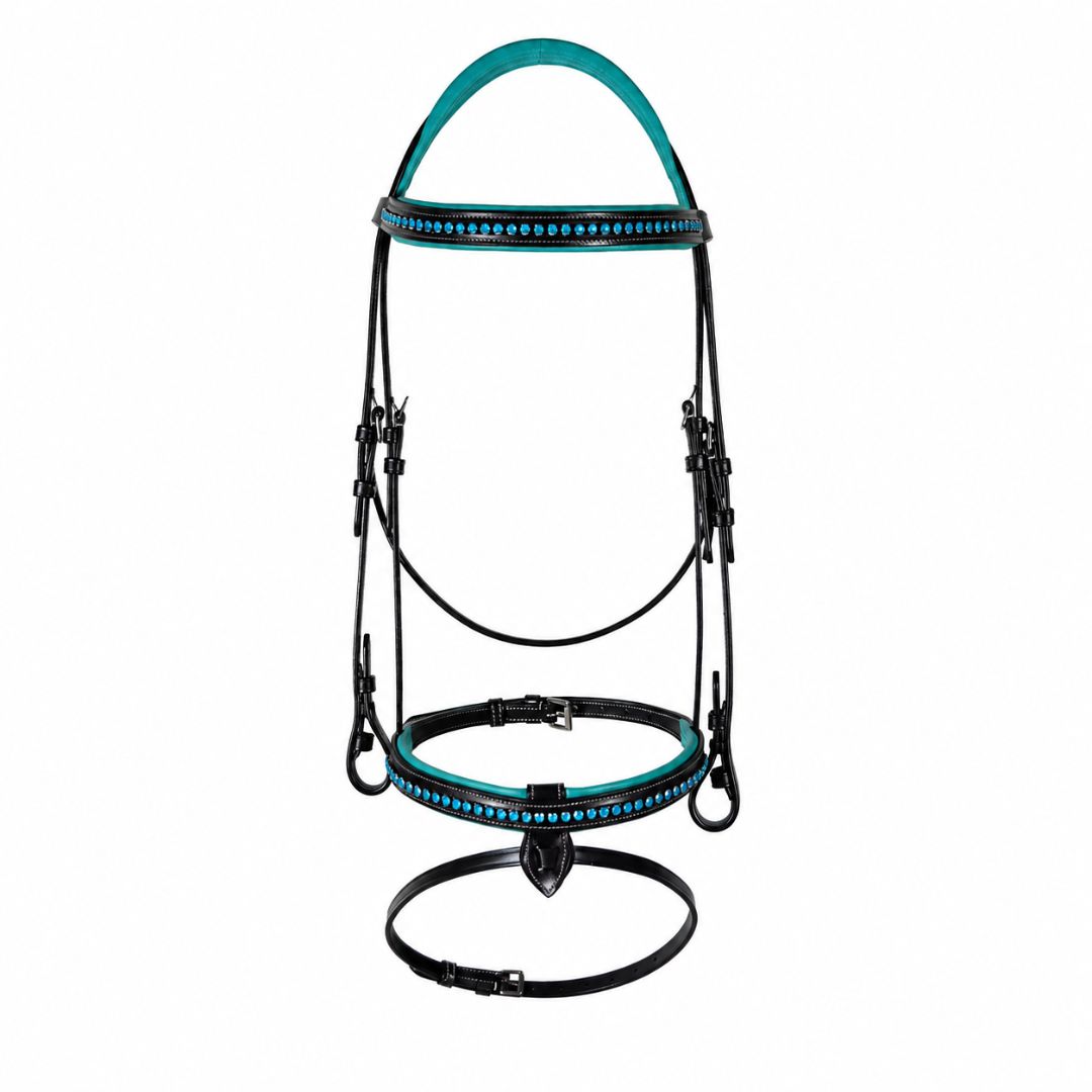 SIE Blue Crystals Single Row Leather Show Bridle with Reins Padded Anatomic Design