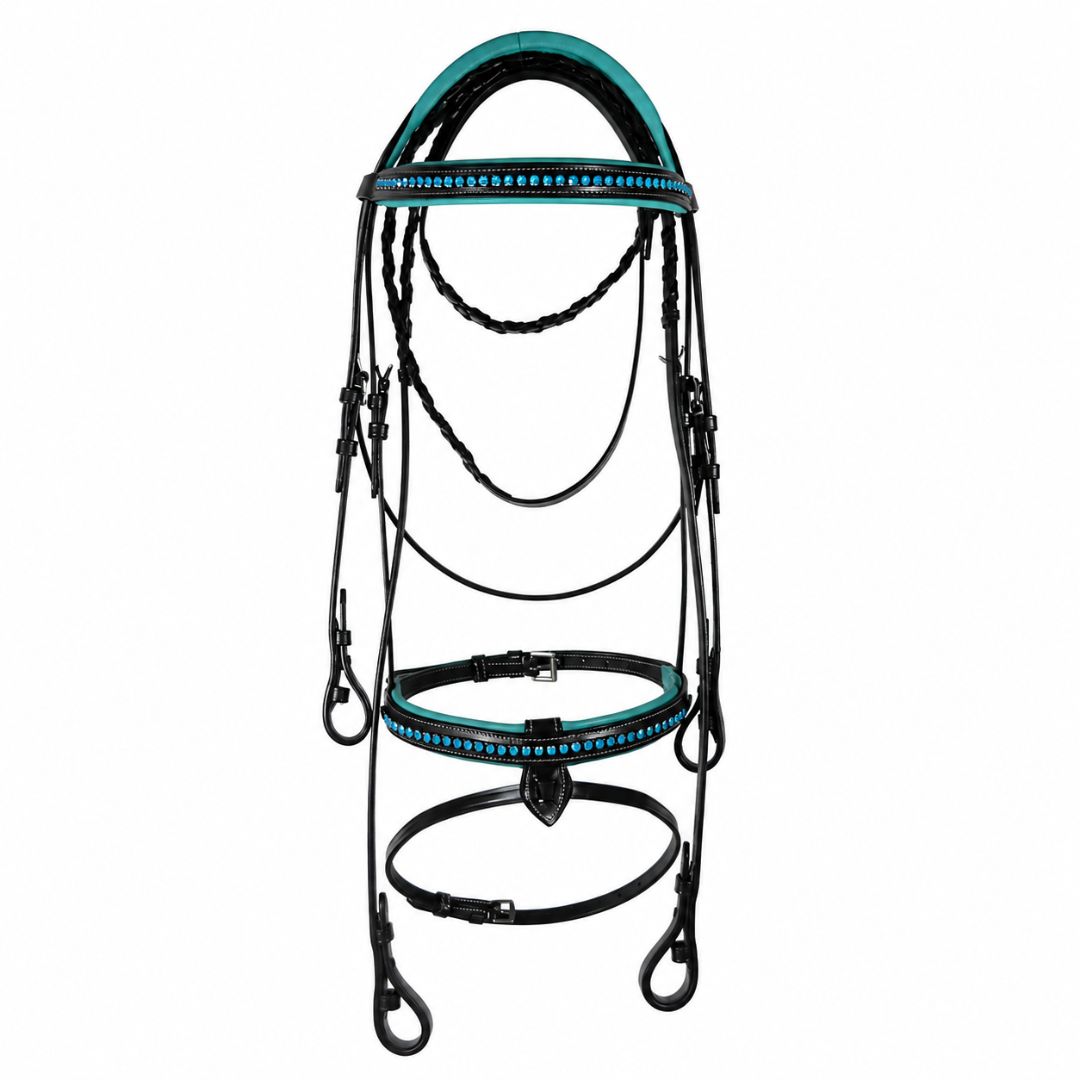 SIE Blue Crystals Single Row Leather Show Bridle with Reins Padded Anatomic Design