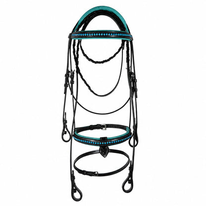 SIE Blue Crystals Single Row Leather Show Bridle with Reins Padded Anatomic Design