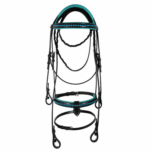 SIE Blue Crystals Single Row Leather Show Bridle with Reins Padded Anatomic Design