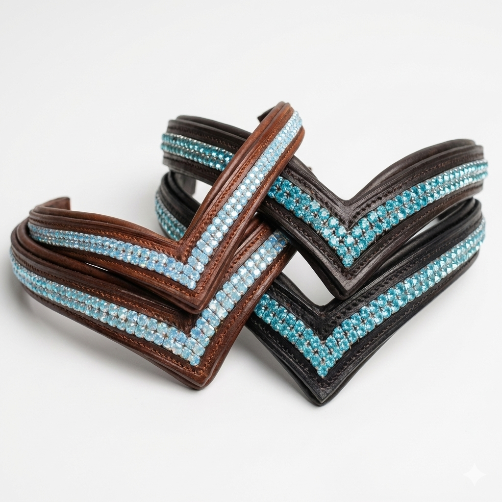 SIE V-Shape Leather Browband Bridle For Horse With Two-Row Turquoise Rhinestones