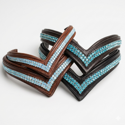 SIE V-Shape Leather Browband Bridle For Horse With Two-Row Turquoise Rhinestones