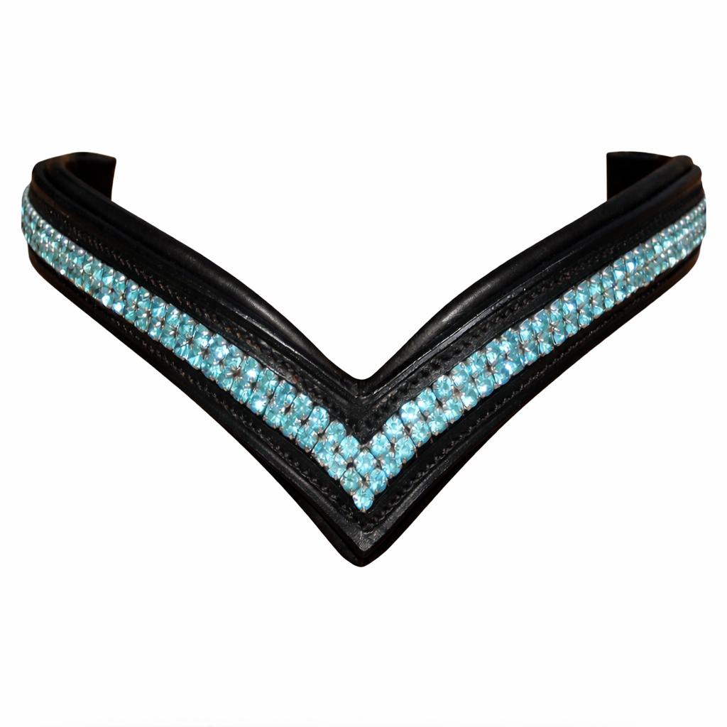 SIE V-Shape Leather Browband Bridle For Horse With Two-Row Turquoise Rhinestones