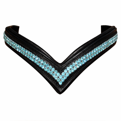 SIE V-Shape Leather Browband Bridle For Horse With Two-Row Turquoise Rhinestones