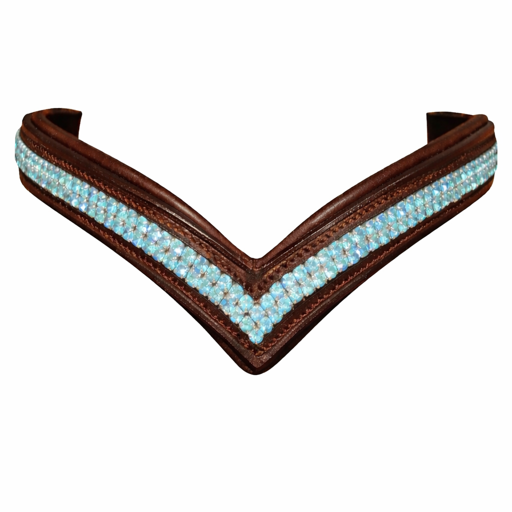 SIE V-Shape Leather Browband Bridle For Horse With Two-Row Turquoise Rhinestones