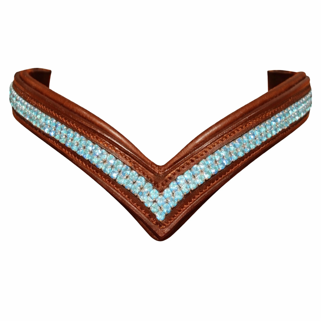 SIE V-Shape Leather Browband Bridle For Horse With Two-Row Turquoise Rhinestones
