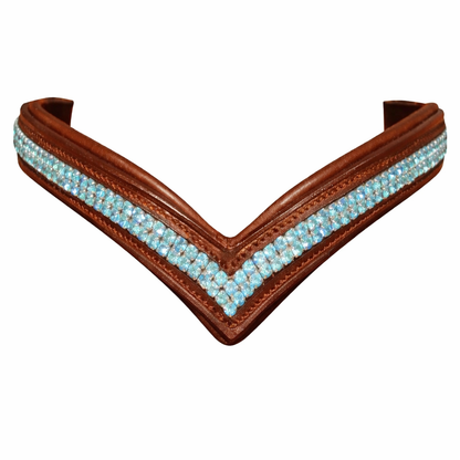 SIE V-Shape Leather Browband Bridle For Horse With Two-Row Turquoise Rhinestones