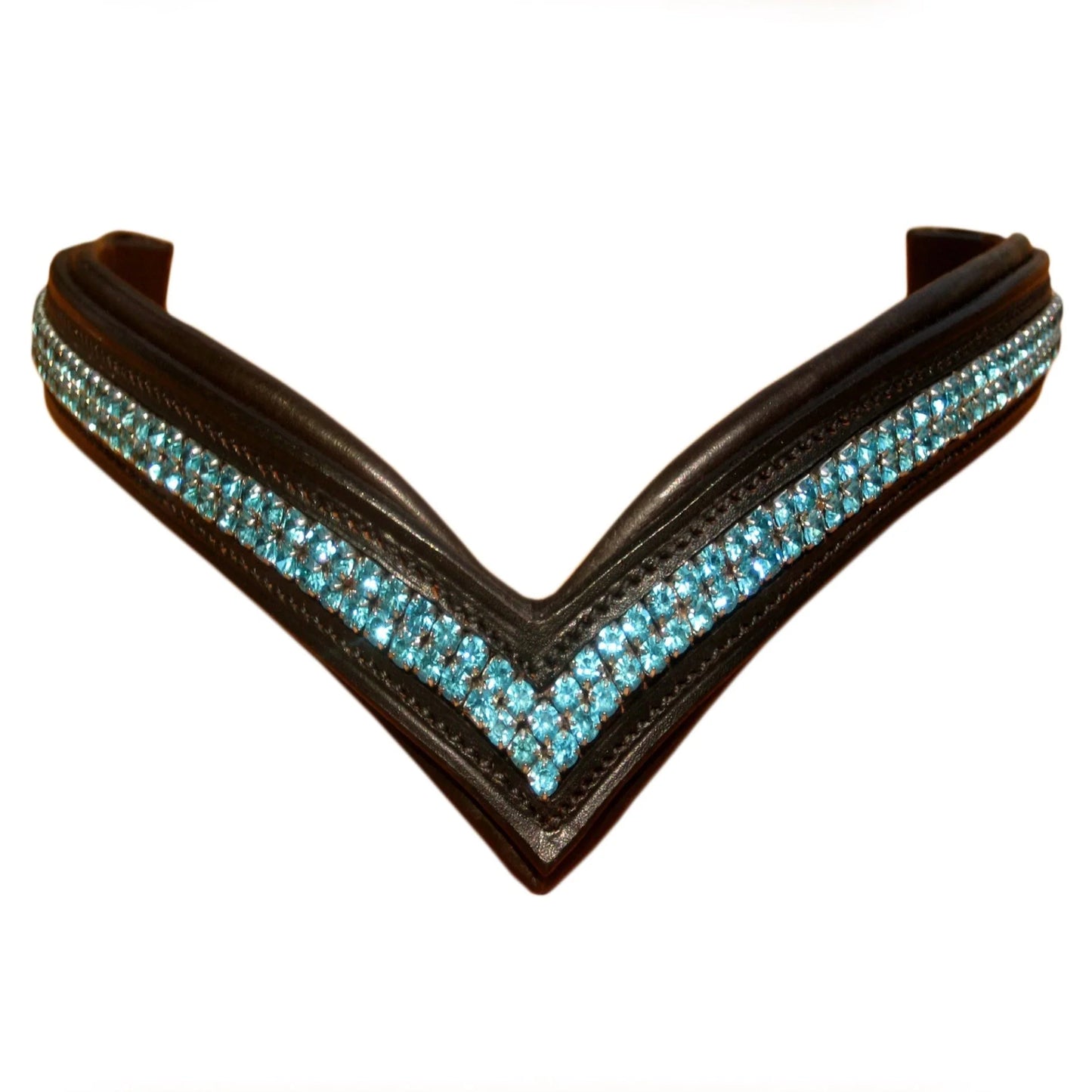 SIE V-Shape Leather Browband Bridle For Horse With Two-Row Turquoise Rhinestones