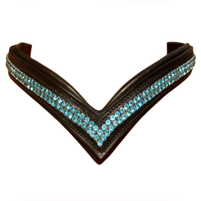 SIE V-Shape Leather Browband Bridle For Horse With Two-Row Turquoise Rhinestones