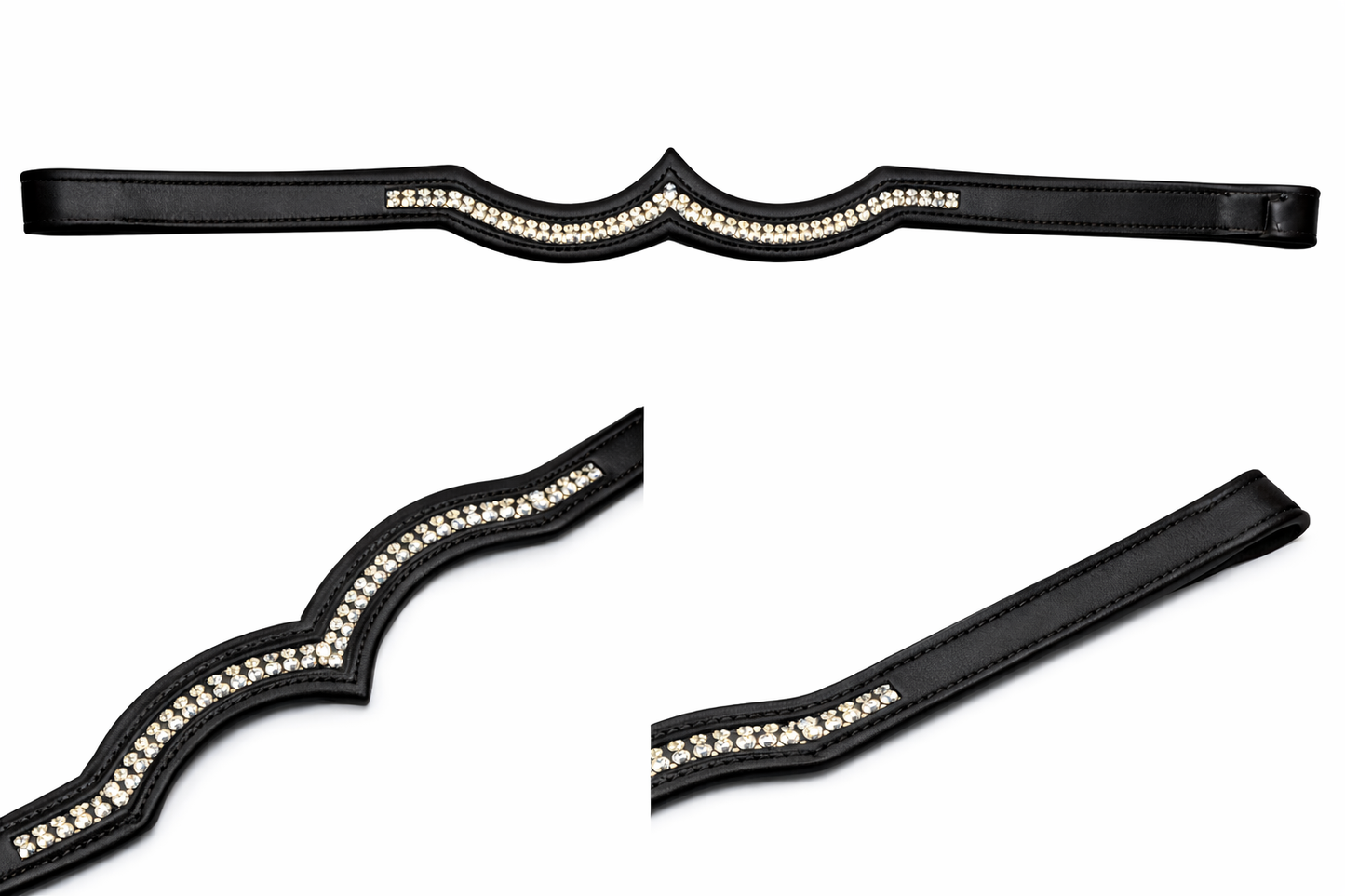 SIE Crown Design Double Genuine Leather Browband for Horse Bridles With White Rhinestone Crystals
