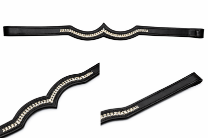 SIE Crown Design Double Genuine Leather Browband for Horse Bridles With White Rhinestone Crystals